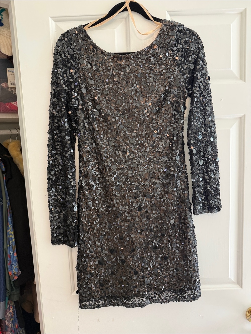 Aidan Mattox-  Black Sequin Long-Sleeve Cocktail Dress
